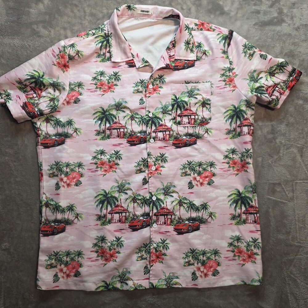 Coofandy Pink Hawaiian Shirt Mens XL White Multicolor Short Sleeve Camp